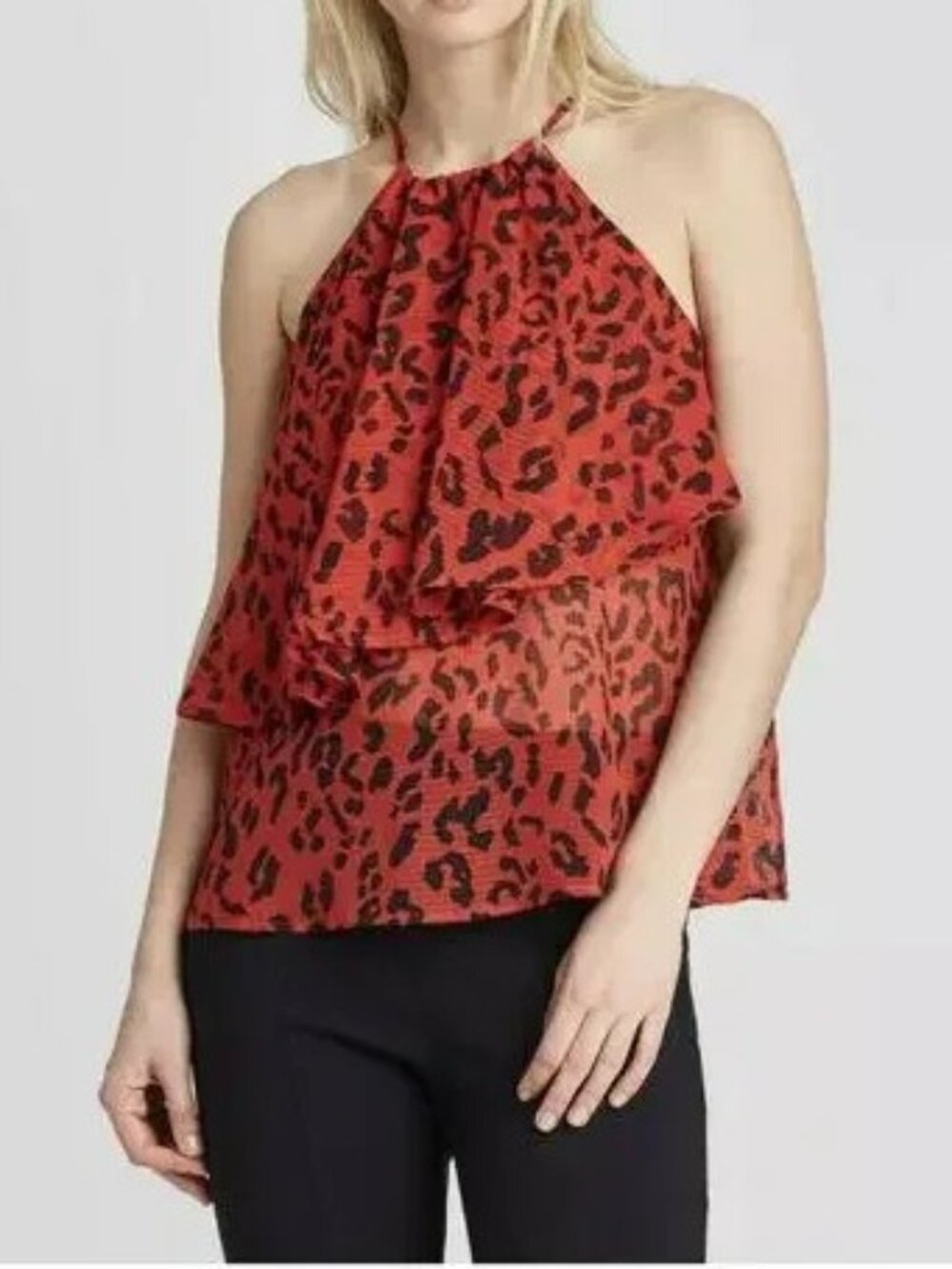 WHO WHAT WEAR Top M Red Black Electric Cheetah Print Sheer Sleeveless Pullover
